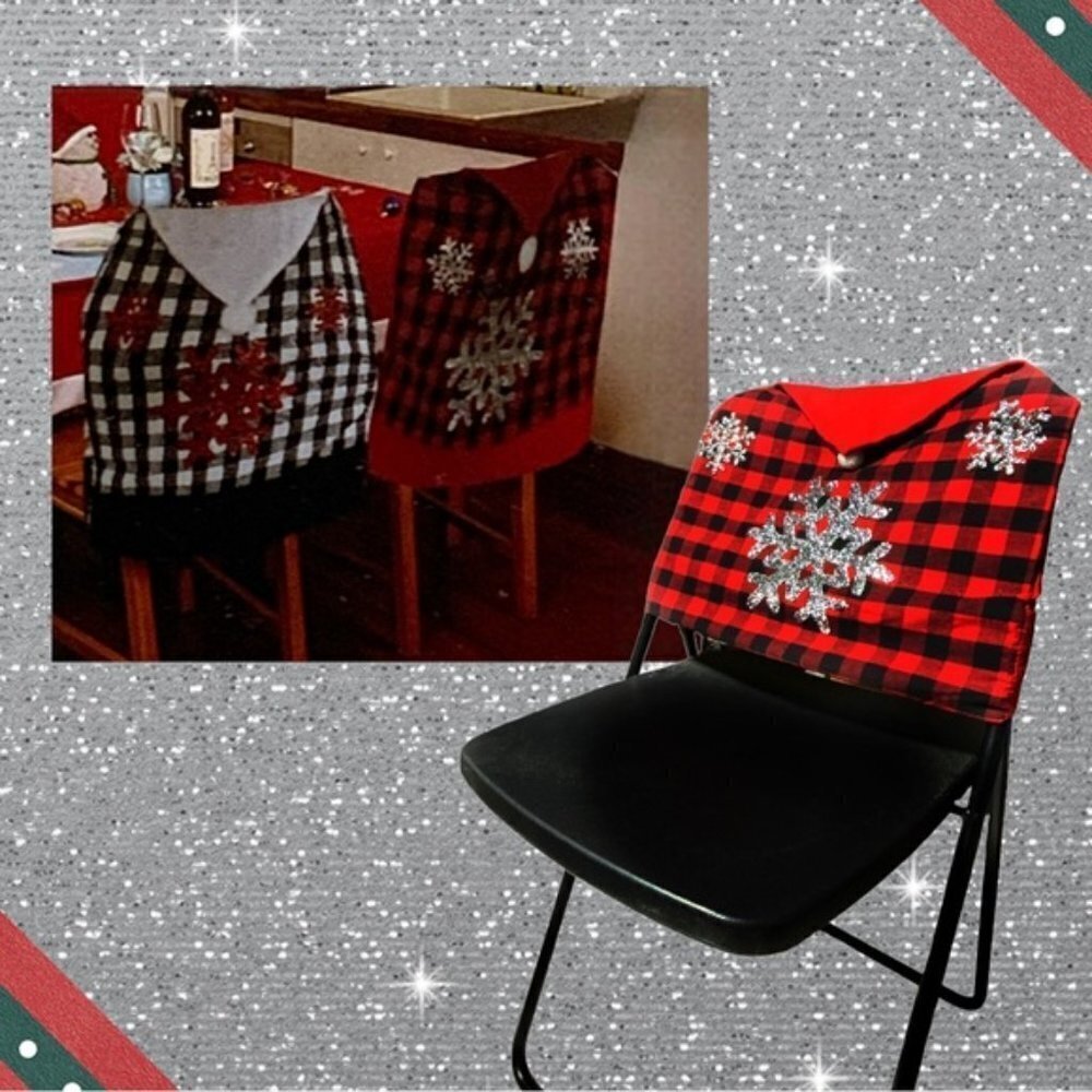 Chair Covers Santa Hat Buffalo Check Snowflakes Tartan Plaid Red Black Set of 4